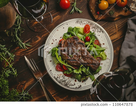steak and salad on a dining table 110647878