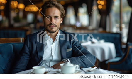 elegant business man sitting in luxury restaurant with glass of shampagne elegant business man sitting in luxury restaurant with glass of shampagne 110648044