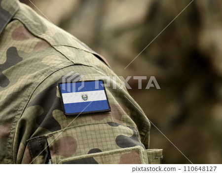 Flag of El Salvador on military uniform. Army, troops, soldier (collage). 110648127