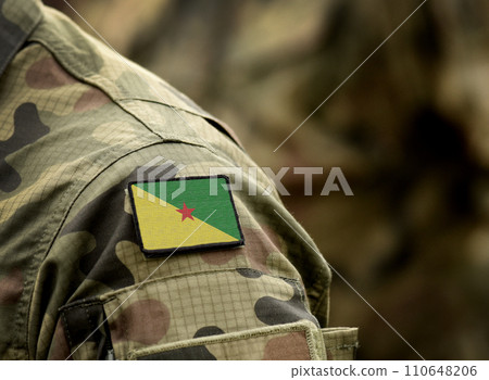 Flag of French Guiana on military uniform. Army, armed forces, soldiers. Collage. 110648206