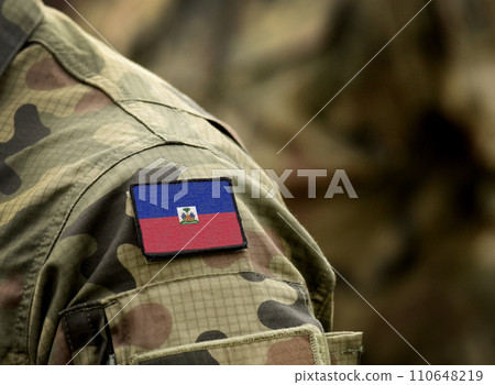 Flag of Haiti on military uniform. Army, armed forces, soldiers. Collage. 110648219
