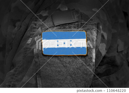 Flag of Honduras on military uniform. Army, troops, soldier (collage). Flag of Honduras on military uniform. Army, troops, soldier (collage). 110648220