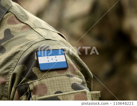 Flag of Honduras on military uniform. Army, troops, soldier (collage). Flag of Honduras on military uniform. Army, troops, soldier (collage). 110648221
