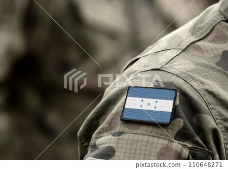 Flag of Republic of Honduras on military uniform. Army, soldier. Collage. 110648271