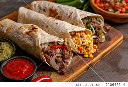 chicken and beef wraps on a board, dark yellow and red, villagecore 110648344