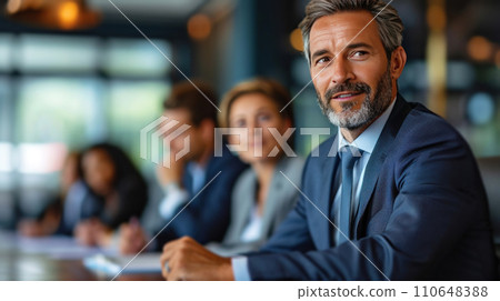 Suited businessman confidently presents strategic plans during a corporate meeting, exuding professionalism Suited businessman confidently presents strategic plans during a corporate meeting, exuding professionalism 110648388
