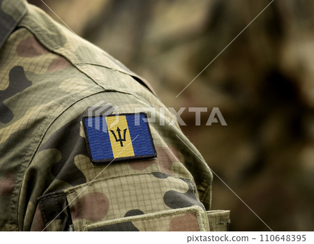 Flag of Barbados on military uniform. Army, armed forces, soldiers. Collage. Flag of Barbados on military uniform. Army, armed forces, soldiers. Collage. 110648395
