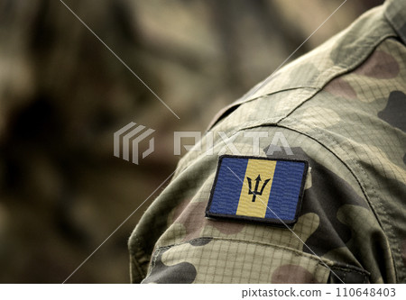 Flag of Barbados on military uniform. Army, armed forces, soldiers. Collage. 110648403