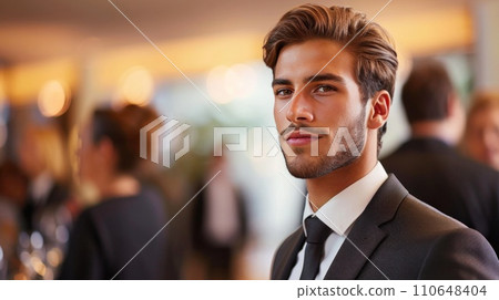 Suited businessman confidently presents strategic plans during a corporate meeting, exuding professionalism 110648404