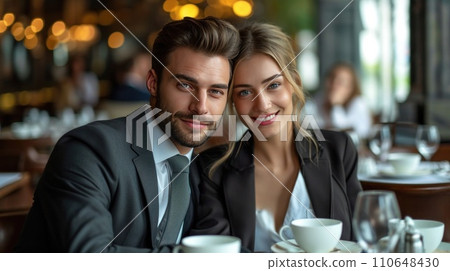 elegant business couple sitting in luxury restaurant with glass of shampagne elegant business couple sitting in luxury restaurant with glass of shampagne 110648430