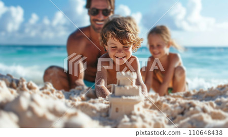 Smiling family building sandcastles, waves echoing their joy on a sunny shore Smiling family building sandcastles, waves echoing their joy on a sunny shore 110648438