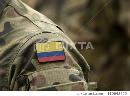 Flag of Colombia on military uniform (collage). Flag of Colombia on military uniform (collage). 110648523