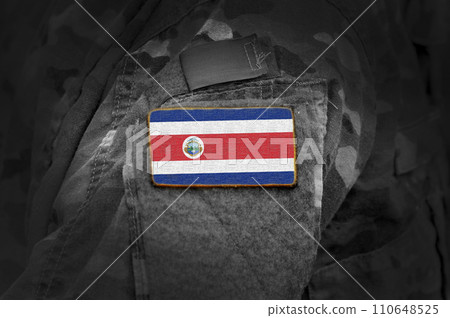 Flag of Costa Rica on military uniform. Army, troops, soldier, Costa Rica (collage). Flag of Costa Rica on military uniform. Army, troops, soldier, Costa Rica (collage). 110648525