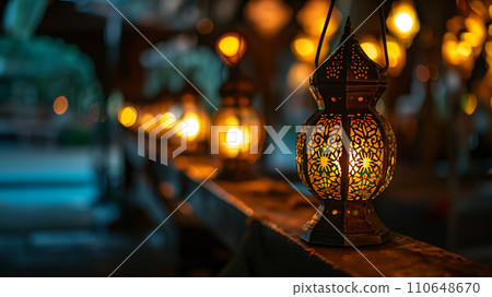 AI-generated content. Ornamental arabic lantern and half moon. Ramadan background. 110648670