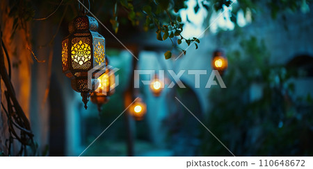 AI-generated content. Ornamental arabic lantern and half moon. Ramadan background. 110648672
