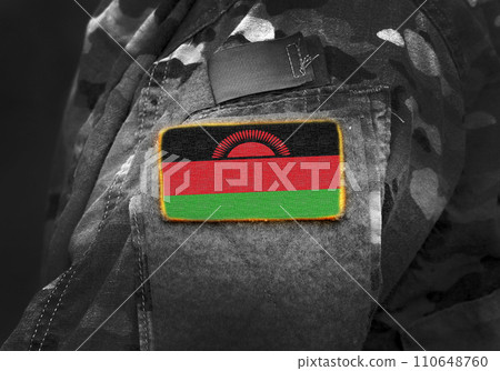 Flag of Malawi on military uniform. Army, troops, soldiers. Collage. 110648760