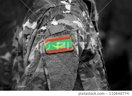 Flag of Mauritania on military uniform. Army, troops, soldiers. Collage. 110648774