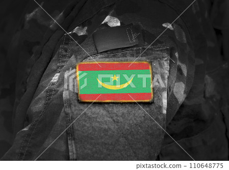 Flag of Mauritania on military uniform. Army, troops, soldiers. Collage. 110648775