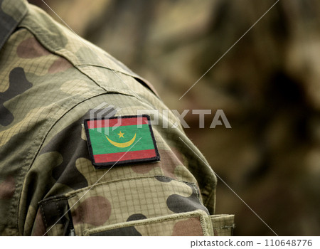 Flag of Mauritania on military uniform. Army, troops, soldiers. Collage. 110648776