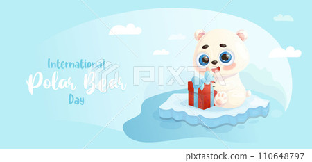 Cute polar bear with gift on ice floe. Holiday International Polar Bear Day. February 27. Vector horizontal illustration in cartoon style with animal character. Kids collection. 110648797