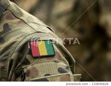 Flag of the Republic of Guinea on military uniform. Army, troops, soldiers. Collage. Flag of the Republic of Guinea on military uniform. Army, troops, soldiers. Collage. 110648826