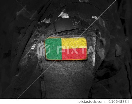 Flag of Benin on military uniform. Army, troops, soldiers, Africa, (collage). 110648884