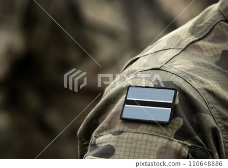 Flag of Botswana on military uniform. Army, soldier, Africa. Collage. 110648886