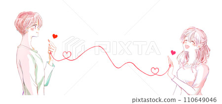 A man and a woman facing each other, connected by the red thread of fate 110649046