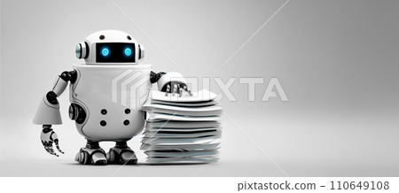 工作機器人。一堆文件和一個機器人。組織文檔的機器人。生成的AI圖像 110649108