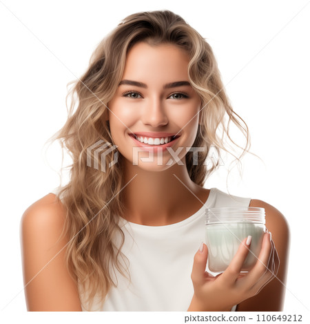 AI-generated content. girl with a jar of face cream in her hands, studio photo 110649212