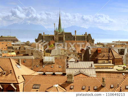Lausanne cityscape with Saint-Francois Church and Lake Geneva and the French Alps at the background, Lausanne, Switzerland. 110649213