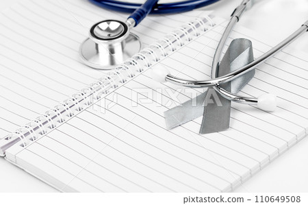 World Cancer Day card. Cancer awareness concept with ribbon on doctor table. 110649508