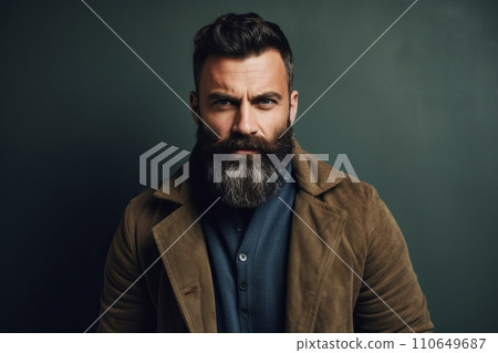 Portrait of a handsome bearded man in a brown jacket. Men's beauty, fashion 110649687