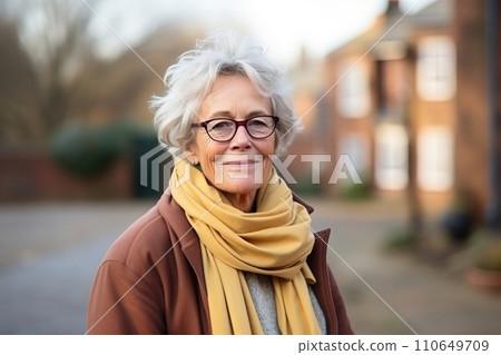 Portrait of a senior woman with glasses and scarf in the city. 110649709