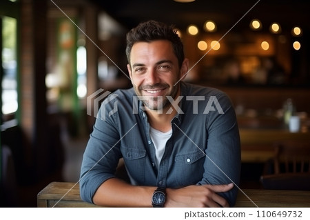 Portrait of handsome man smiling at camera in a pub or restaurant. 110649732
