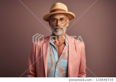Portrait of an old man with a grey beard and mustache wearing a hat and a pink jacket Portrait of an old man with a grey beard and mustache wearing a hat and a pink jacket 110649734