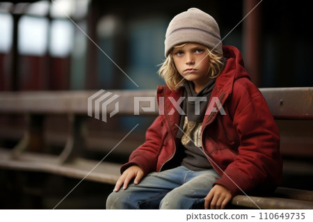 Portrait of a boy in a red jacket sitting on a bench. Portrait of a boy in a red jacket sitting on a bench. 110649735