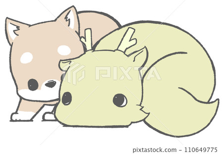 柴犬和龍看著對方（黃色） 110649775
