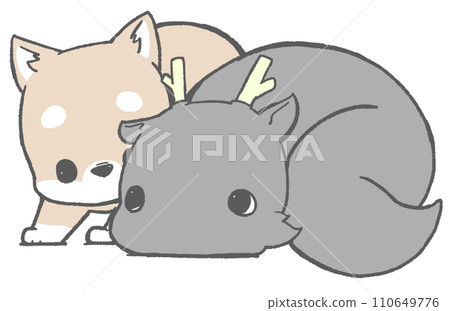 柴犬和龍看著對方（黑色） 110649776