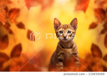 Cute red tabby cat on defocused autumn background. Generative Ai. Cute red tabby cat on defocused autumn background. Generative Ai. 110650089