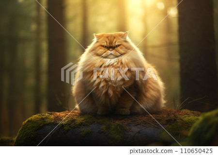 Ginger huge fat cat. Angry fat cat sitting on a rock. Generative Ai. 110650425