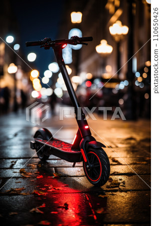 Electric scooter on a night street with glowing lights. Generative Ai. 110650426
