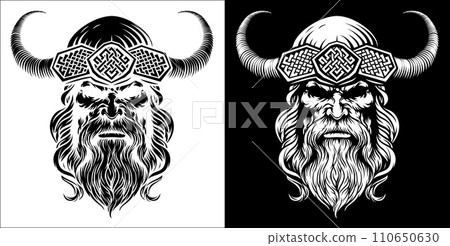 Viking Warrior Man Strong Mascot Face in Helmet 110650630