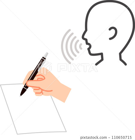 A person making a voice and a hand holding a pen 110650715