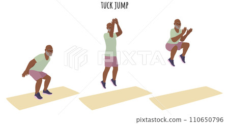 Senior man doing tuck jump exercise 110650796