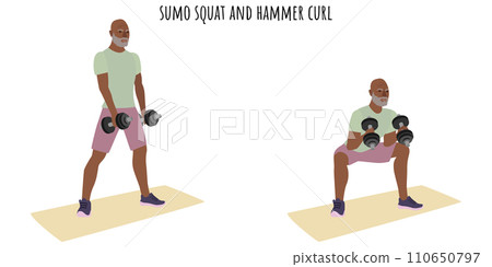 Senior man doing sumo squat and hammer curl 110650797
