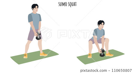 Asian young man doing sumo squat exercise Asian young man doing sumo squat exercise 110650807