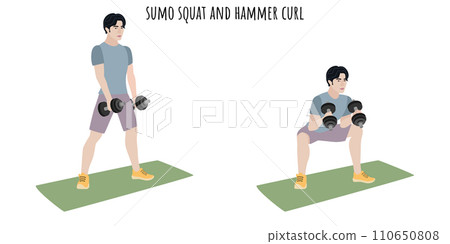 Asian young man doing sumo squat and hammer curl Asian young man doing sumo squat and hammer curl 110650808