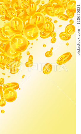 Russian ruble coins falling. Scattered gold RUB coins. Russia money. Great business success concept. Vector illustration. Russian ruble coins falling. Scattered gold RUB coins. Russia money. Great business success concept. Vector illustration. 110650821