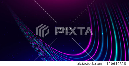 Abstract technology futuristic neon curved glowing blue and pink light lines with speed motion blur effect on dark blue background. Abstract technology futuristic neon curved glowing blue and pink light lines with speed motion blur effect on dark blue background. 110650828